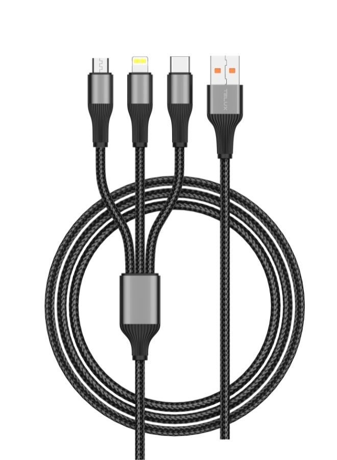 TELUX SYNCX TRIO 3-in-1 Braided Cable 1.2m, USB-A to Micro/USB-C/Lightning, 3A Output, Durable Woven Cotton, 10000+ Bend Lifespan, 480Mbps Data Transfer, Metal Connectors, Black - Image 1