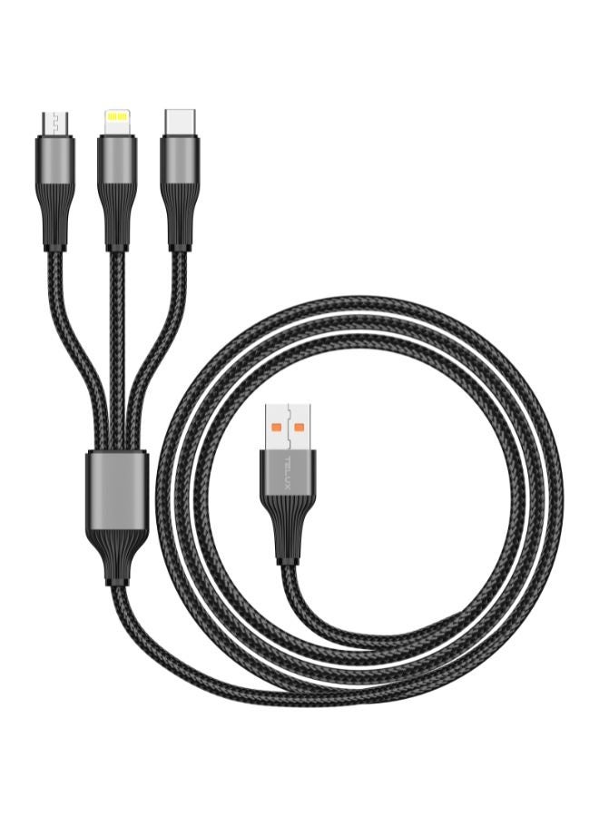 TELUX SYNCX TRIO 3-in-1 Braided Cable 1.2m, USB-A to Micro/USB-C/Lightning, 3A Output, Durable Woven Cotton, 10000+ Bend Lifespan, 480Mbps Data Transfer, Metal Connectors, Black - Image 2