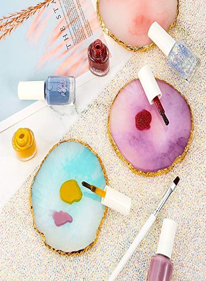 Blulu 3 Pieces Nail Art Palettes Nail Mixing Palette Polish Color Mixing Plate Golden Edge Resin Nail Holder Nail Art Display Cosmetic Mixing Tools (Round Shape) - Image 4