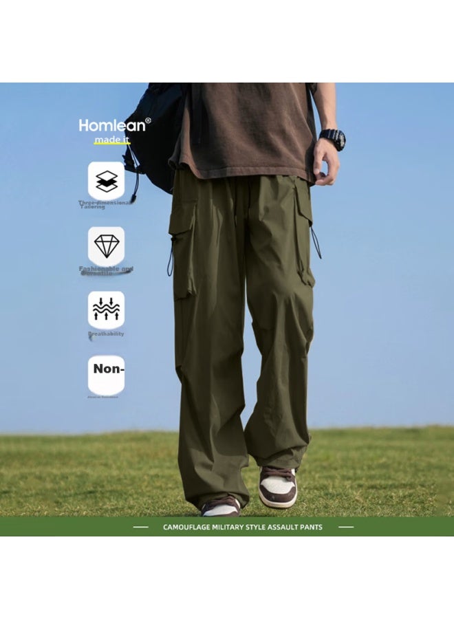 Homlean American-style Functional Paratrooper Cargo Pants For Men, Autumn And Winter Loose-fit Niche Wide-leg Casual Hiking Trousers, S6603 Army Green L - Image 1