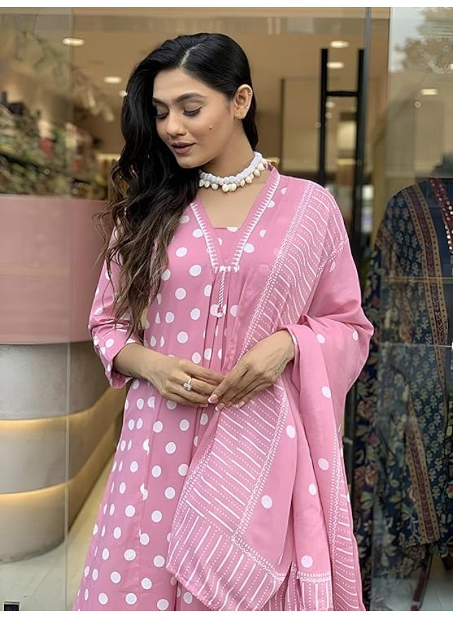 Pinkmint store Polka Dot Printed Anarkali Kurta Set with Striped Palazzo & Dupatta Set for Women Elgant Festive & Casual wear 4XL - Image 4