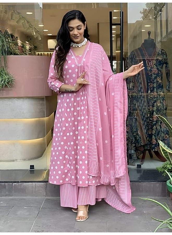 Pinkmint store Polka Dot Printed Anarkali Kurta Set with Striped Palazzo & Dupatta Set for Women Elgant Festive & Casual wear 4XL - Image 2