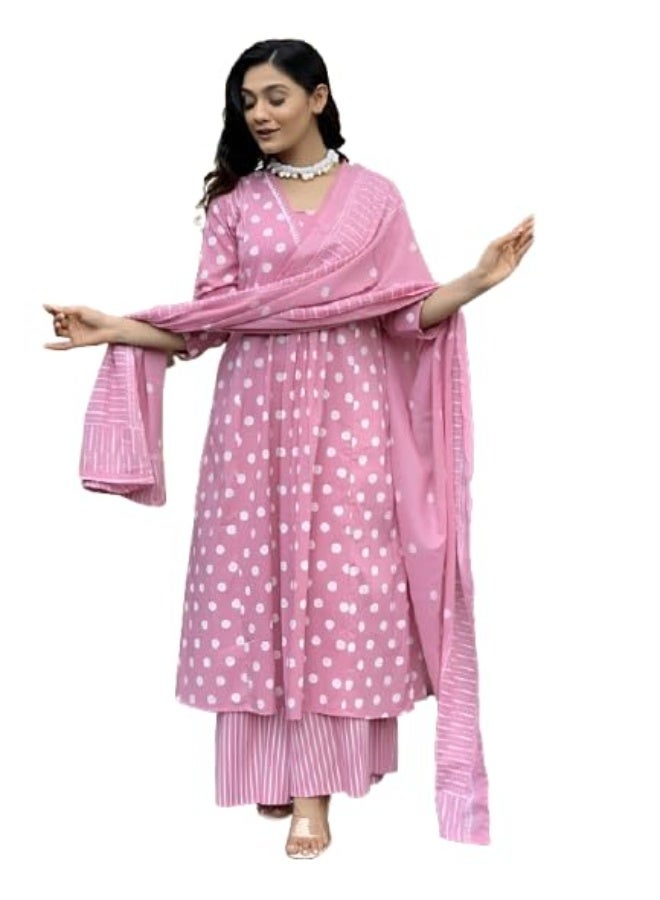 Pinkmint store Polka Dot Printed Anarkali Kurta Set with Striped Palazzo & Dupatta Set for Women Elgant Festive & Casual wear 4XL - Image 1