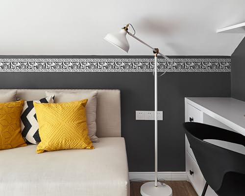 FLFK Mirror Border Peel and Stick - Black and White Wallpaper Borders Decal Trim Floral Pattern 4" x 240" - Image 4