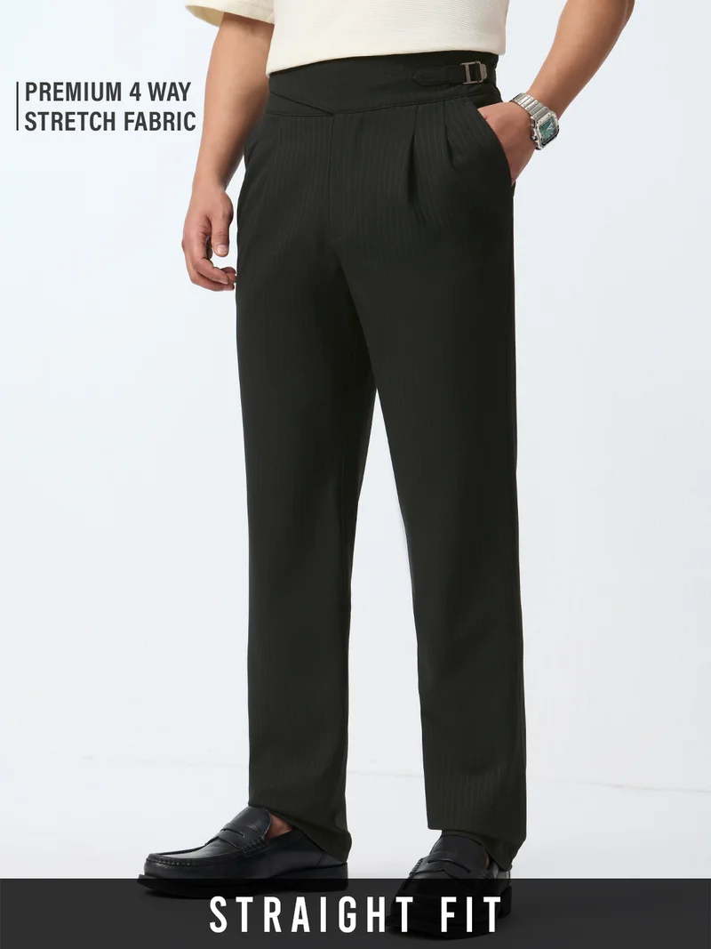 The Souled Store: Gurkha Pants Men and Boys Charcoal Grey Pinstripe Polyester Blend Straight Fit Adjustable Waist 4-Way Stretch Wrinkle Resistant Trousers
