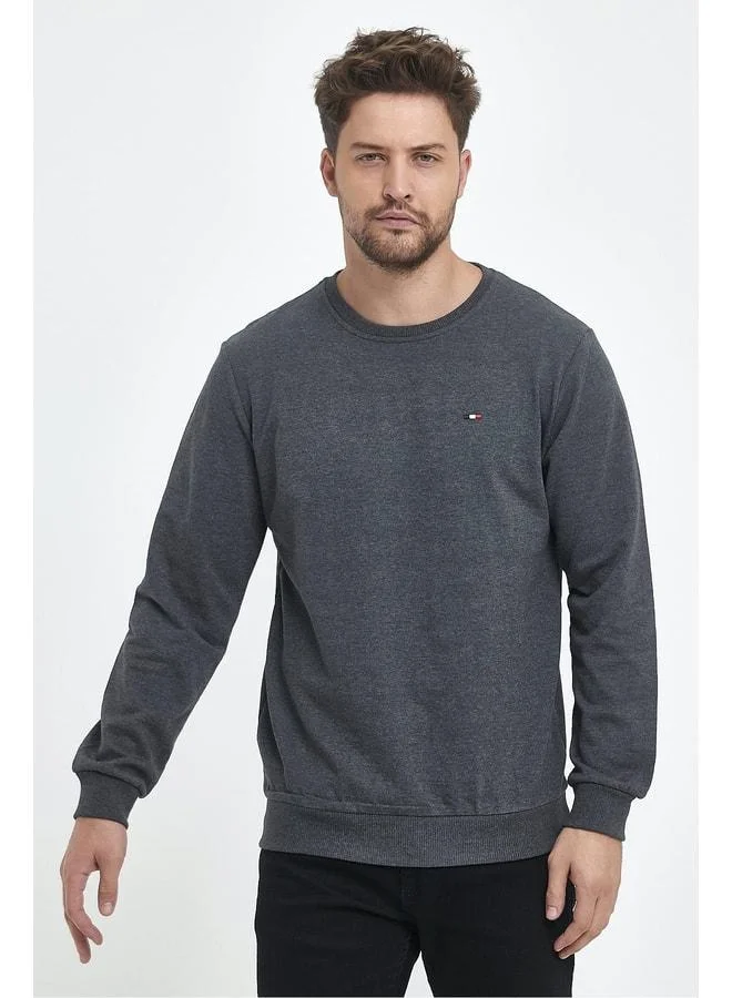 mmetalic Men's Anthracite Regular Fit Crew Neck Sweatshirt with Embroidered Details