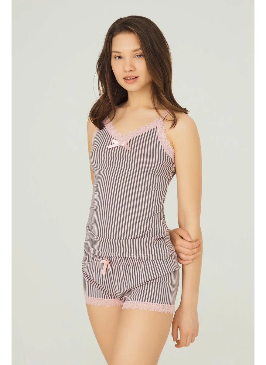 COTTONHILL Pink Smoke Striped Thin Strappy Shorts Cotton Pajama Set