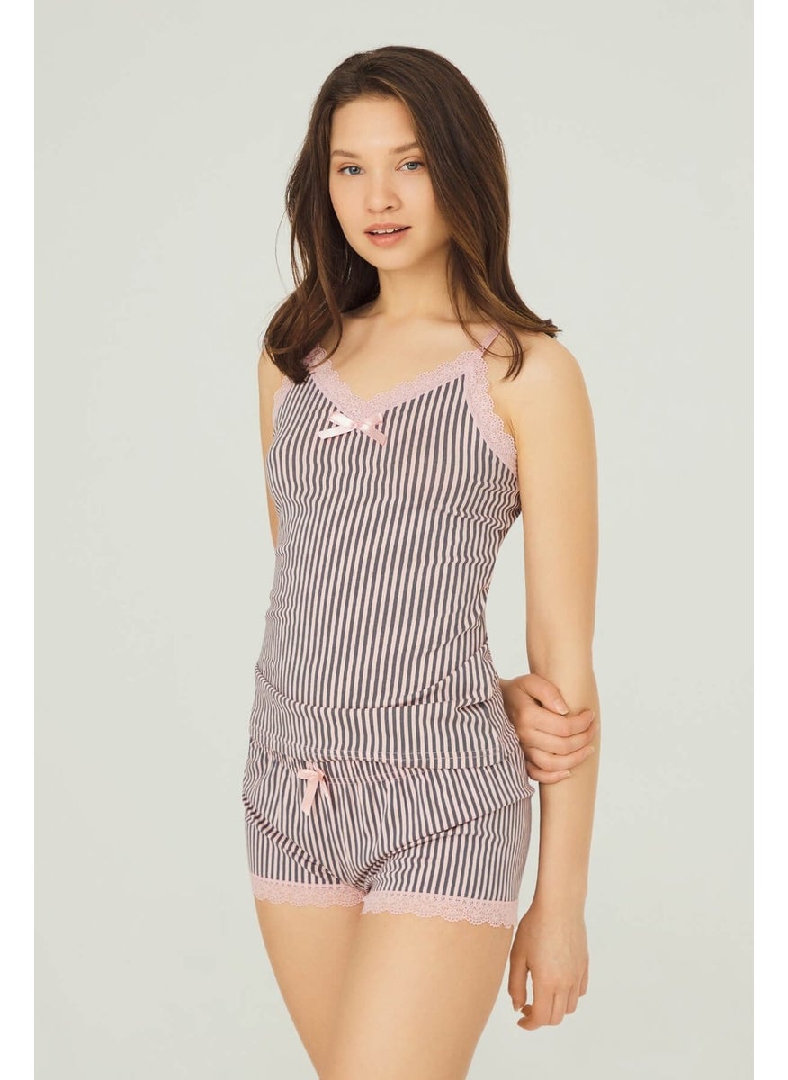 COTTONHILL Pink Smoke Striped Thin Strappy Shorts Cotton Pajama Set  - Image 3