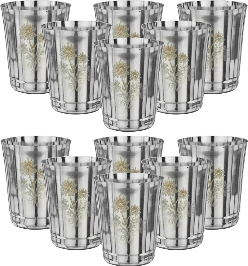 Nirvika 22 Gauge Stainless Steel Drinking Water Juice Tea GlassTumbler Set for Home Kitchen Dining I Ideal for Serving Beverages 350 ml Silver Permanent Laser FlowerPack of 12 - Image 1