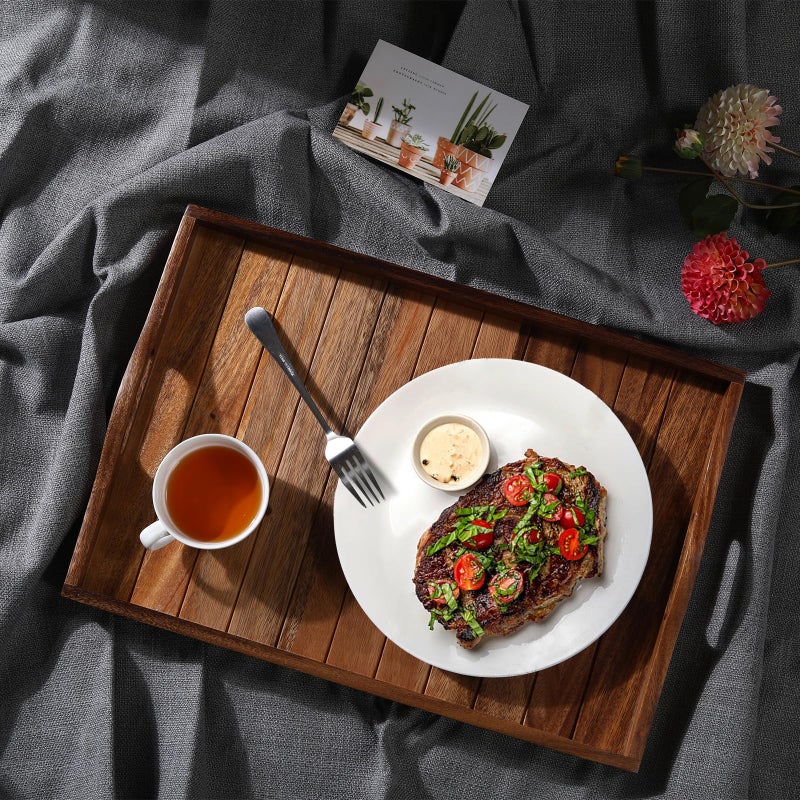 Joy&Grace Large Acacia Wooden Serving Tray with Handles 20 x 14 inch Decorative Coffee Table Ottoman Tray for Living Room Extra Large for Kitchen Dinner Food Bar Breakfast in Bed (Color Natural) - Image 2
