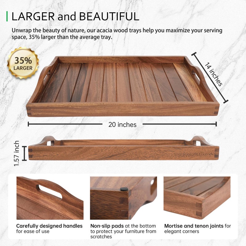 Joy&Grace Large Acacia Wooden Serving Tray with Handles 20 x 14 inch Decorative Coffee Table Ottoman Tray for Living Room Extra Large for Kitchen Dinner Food Bar Breakfast in Bed (Color Natural) - Image 3