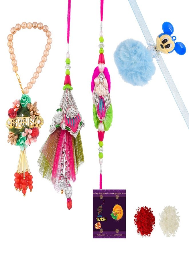 AR Eyewar Multicolor Flawer Pair Set With Designer Lumba Rakhi Kids Rakhi Set For Bhaiya Bhabhi (ARR211147)
