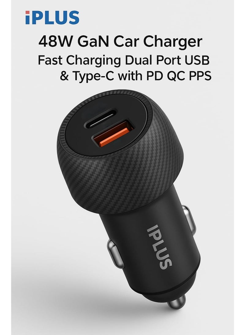 iPLUS 48W GaN Car Adapter Charger Fast Charging Dual Port USB & Type-C with PD QC PPS - Image 1