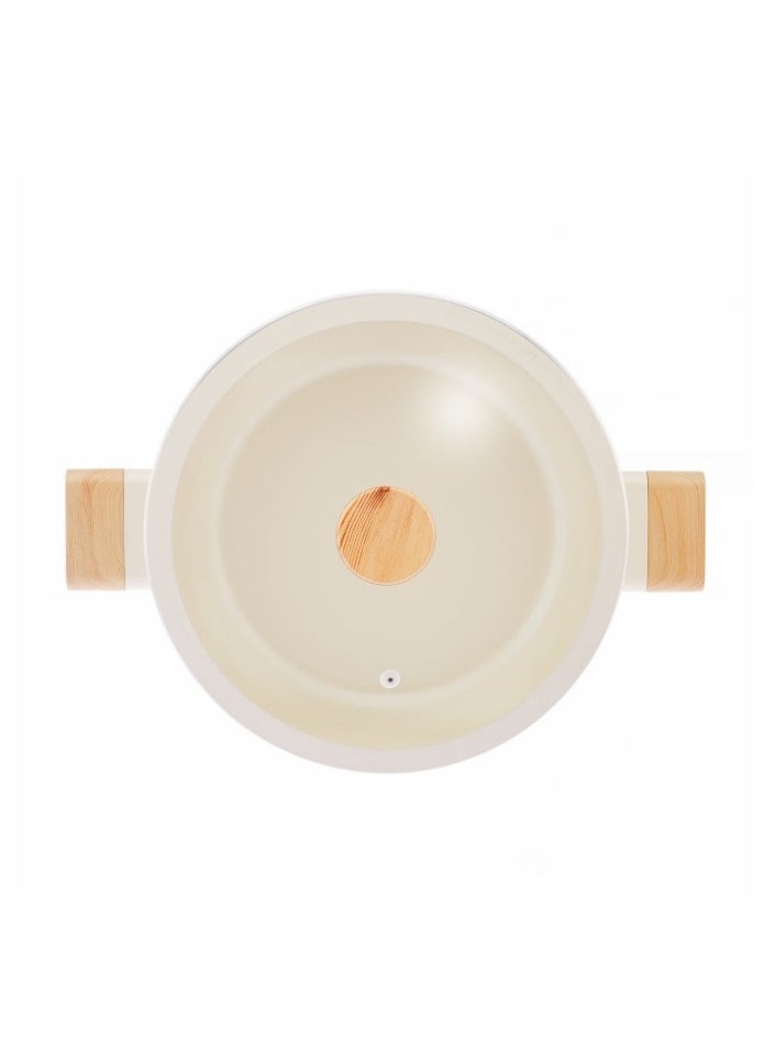 Homemaker - Swiss Crystal High Quality Ceramic Coating Non-Stick Low Casserole - 22cm- Glass Lid With Protective Silicon Edge - Natural Wood Handles and Knob - Beige - Image 1