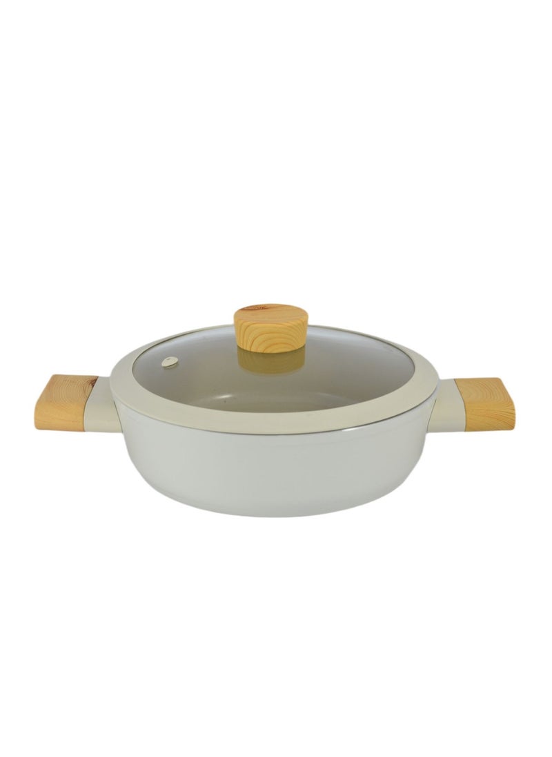 Homemaker - Swiss Crystal High Quality Ceramic Coating Non-Stick Low Casserole - 22cm- Glass Lid With Protective Silicon Edge - Natural Wood Handles and Knob - Beige - Image 1
