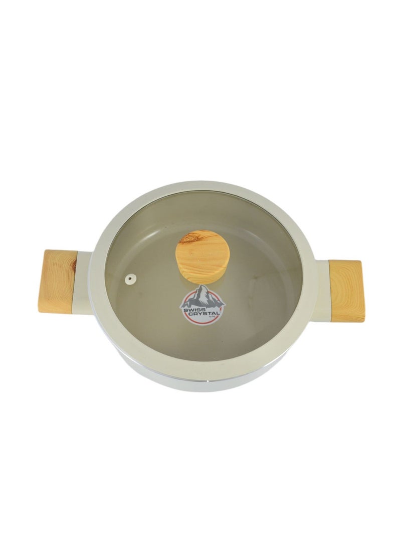 Homemaker - Swiss Crystal High Quality Ceramic Coating Non-Stick Low Casserole - 22cm- Glass Lid With Protective Silicon Edge - Natural Wood Handles and Knob - Beige - Image 1