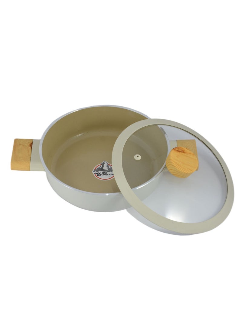 Homemaker - Swiss Crystal High Quality Ceramic Coating Non-Stick Low Casserole - 22cm- Glass Lid With Protective Silicon Edge - Natural Wood Handles and Knob - Beige - Image 1