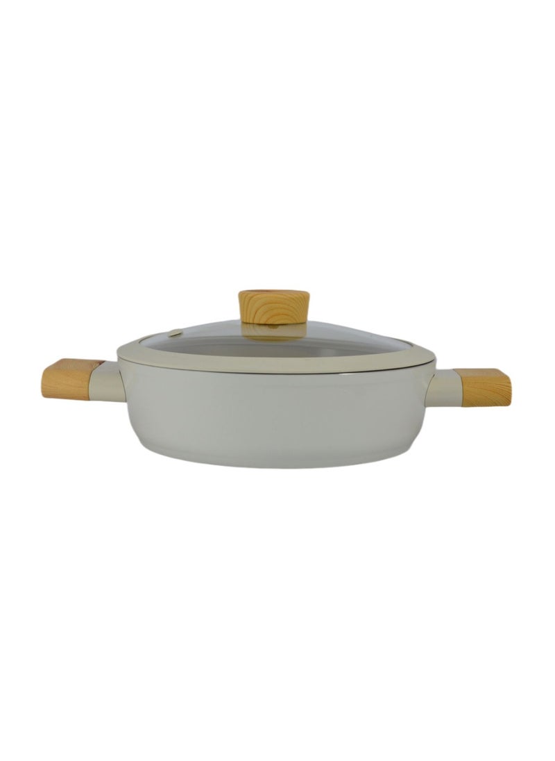 Homemaker - Swiss Crystal High Quality Ceramic Coating Non-Stick Low Casserole - 22cm- Glass Lid With Protective Silicon Edge - Natural Wood Handles and Knob - Beige - Image 1