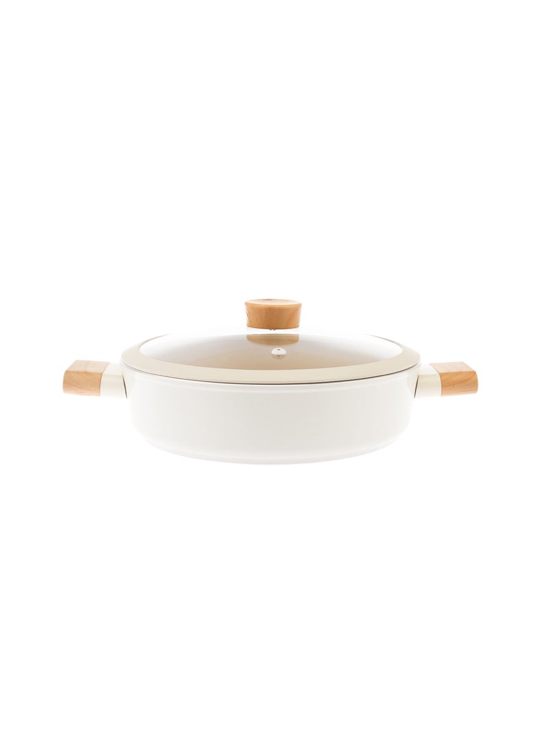 Homemaker - Swiss Crystal High Quality Ceramic Coating Non-Stick Low Casserole - 22cm- Glass Lid With Protective Silicon Edge - Natural Wood Handles and Knob - Beige - Image 1