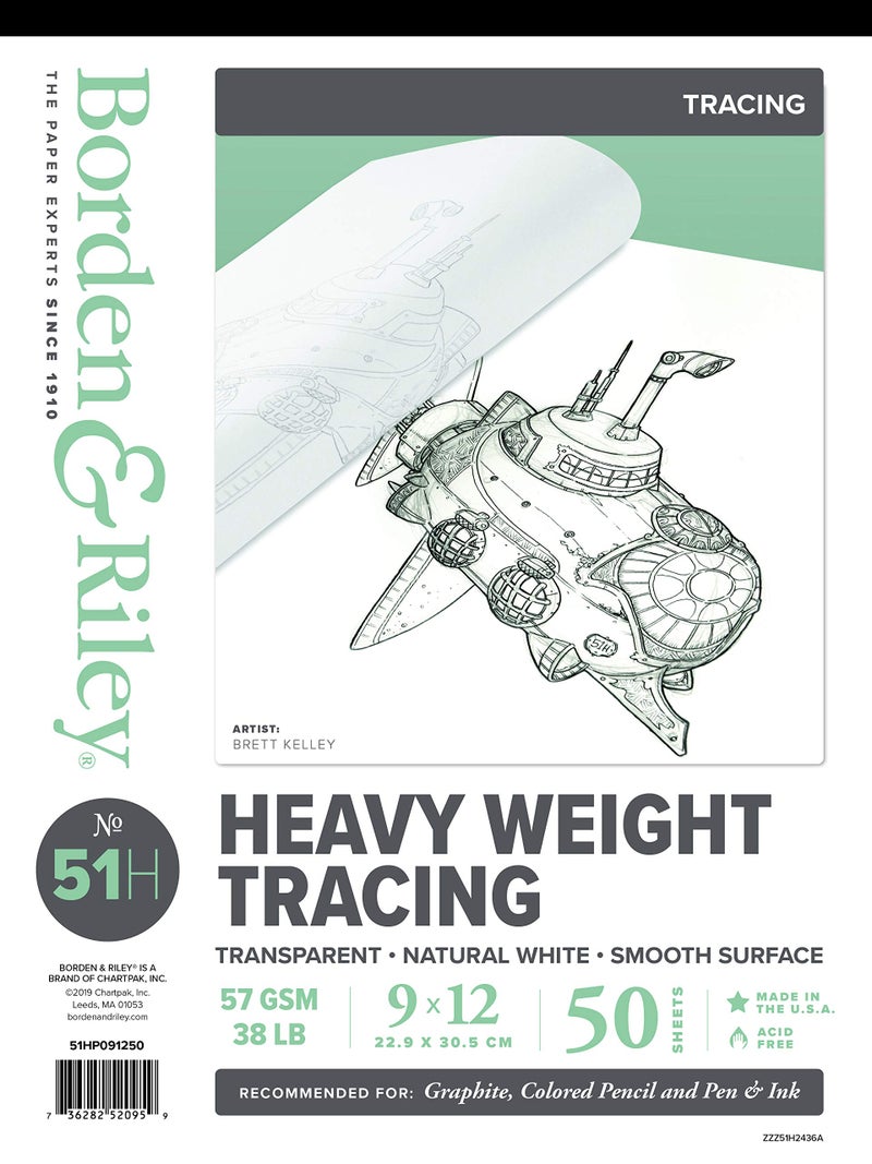 Borden & Riley Borden  Riley 9 x 12 51H Heavyweight Tracing Paper Pad 57 GSM38 LB 50 White Sheets 1 Pad Each 51HP091250 