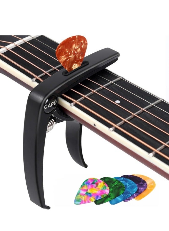 Guitar Capo Acoustic Capo Electric Guitars Capo Premium Zinc Alloy Guitar Accessories for Acoustic and Electric Guitars Ukulele Mandolin Banjo Bass (Black with 5 Picks) - Image 1