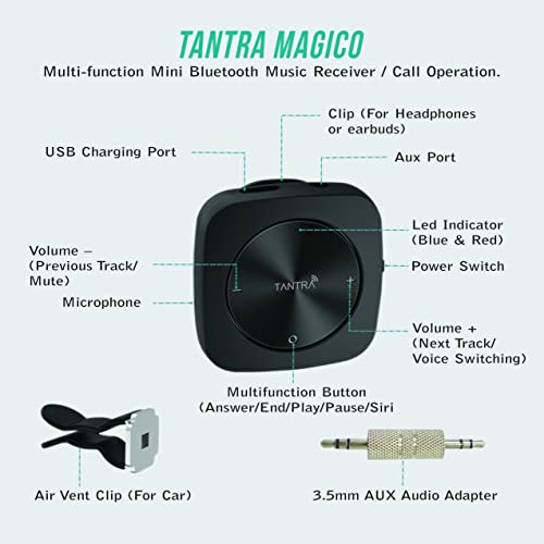 TANTRA Magico Pro: Smart Car Bluetooth AUX Adapter Receiver Car Kit Bluetooth Receiver with 3.5mm AUX for Home Music Stereo Speakers Headphones (Built in Mic with BT. 5.0 Version), Black - Image 2