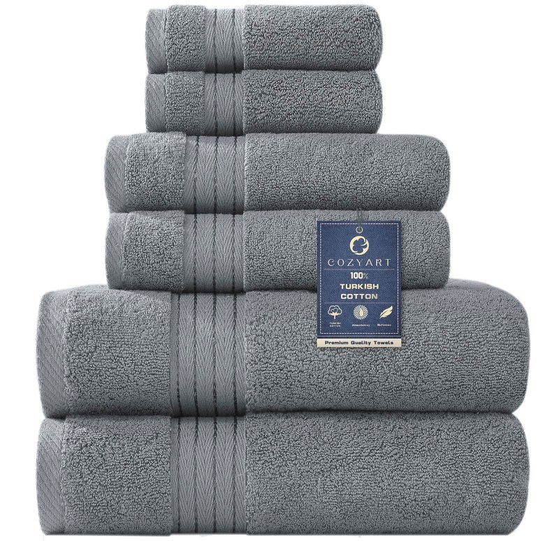 مجموعة مناشف الحمام COZYART رمادية 6 قطع من قطن تركي ناعم ماص ودائم 650 GSM فاخرة 6 قطع مع 2 منشفة حمام 2 منشفة يد 2 قطعة قماش غسيل