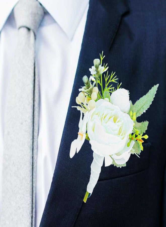 Latious Bride Wedding Rose Boutonniere Groom Flower Buttonholes Prom Suit Decoration for Men and Groomsmans (White) - Image 1