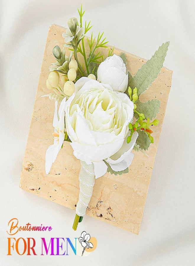 Latious Bride Wedding Rose Boutonniere Groom Flower Buttonholes Prom Suit Decoration for Men and Groomsmans (White) - Image 2