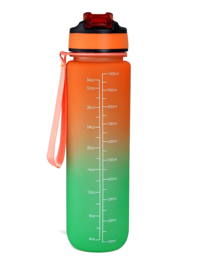 Toshionics 1000ml Motivational Water Bottle with Time Markers, One-Touch Lid, Flip-Up Integrated Straw, Dual Carry Handle and Non-Slip Lid - BPA-Free, Leak-Proof Lid, Eco- Friendly, Plastic, Reusable, Drink Reminder Water Bottle for Adults and Kids in School, Office, Daily Hydration, Gym, Fitness, Yoga, Cycling, Hiking, Outdoor Camping, Hiking, Sports and Travel, 32oz Bottle - Image 1