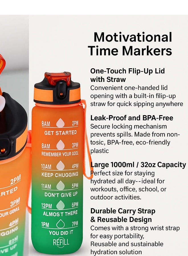 Toshionics 1000ml Motivational Water Bottle with Time Markers, One-Touch Lid, Flip-Up Integrated Straw, Dual Carry Handle and Non-Slip Lid - BPA-Free, Leak-Proof Lid, Eco- Friendly, Plastic, Reusable, Drink Reminder Water Bottle for Adults and Kids in School, Office, Daily Hydration, Gym, Fitness, Yoga, Cycling, Hiking, Outdoor Camping, Hiking, Sports and Travel, 32oz Bottle - Image 3
