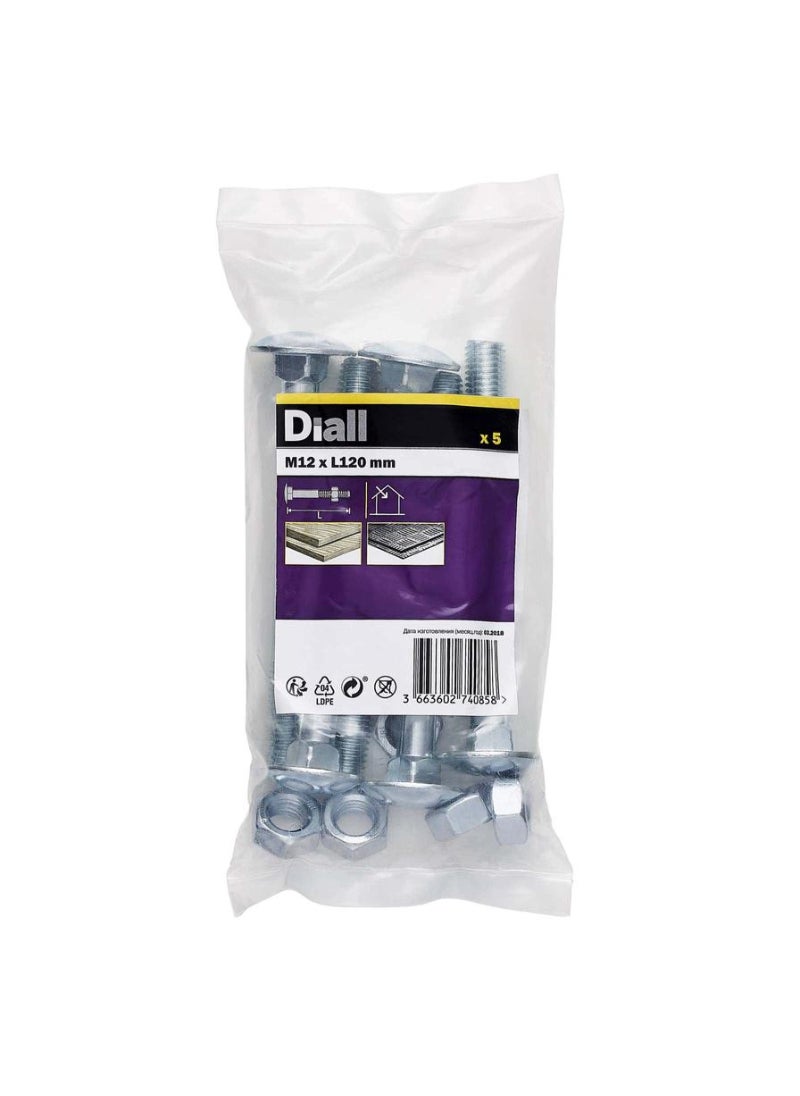 ACE Zinc Plated Carbon Steel Square Coach Nut And Bolt Pack M12 X 120 Mm 5 Piece 