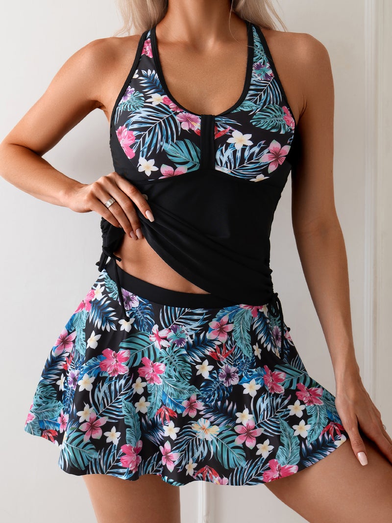2025 Popular Split Printed Conservative Skirt-Style Two-Piece Swimsuit Belly-Covering Tankini Swimsuit - Image 1