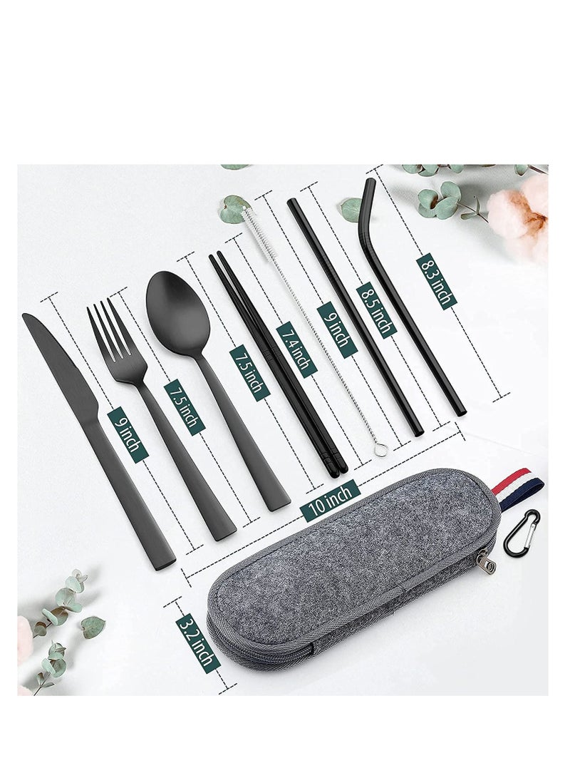 Excefore Matte Black Travel Equipment With Box Portable Stainless Steel Cutlery Reusable Camping Set Including Knife Fork Spoon Chopsticks Straw Cleaning Brush (8-Piece Set)  - Image 4