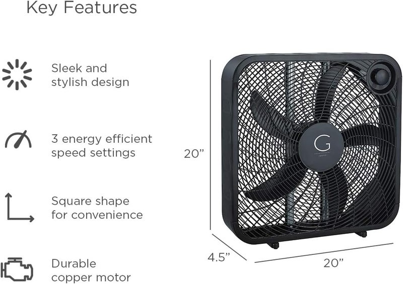 GENESIS 20" Box Fan, 3 Settings, Max Cooling Technology, Carry Handle, Black (G20BOX-BLK) - Image 5