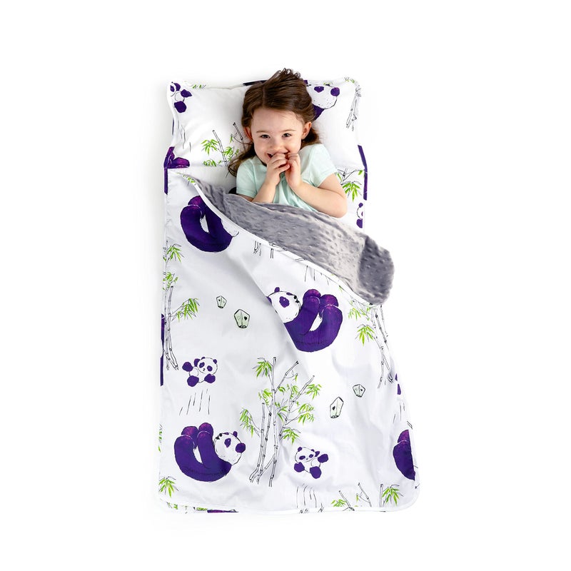 JumpOff Jo Nap Mat for Kids - Cozy Kids Rest Mat with Removable Pillow and Ultra Soft Blanket for Preschool, Daycare, and Sleepovers - Playful Pandas - Image 1
