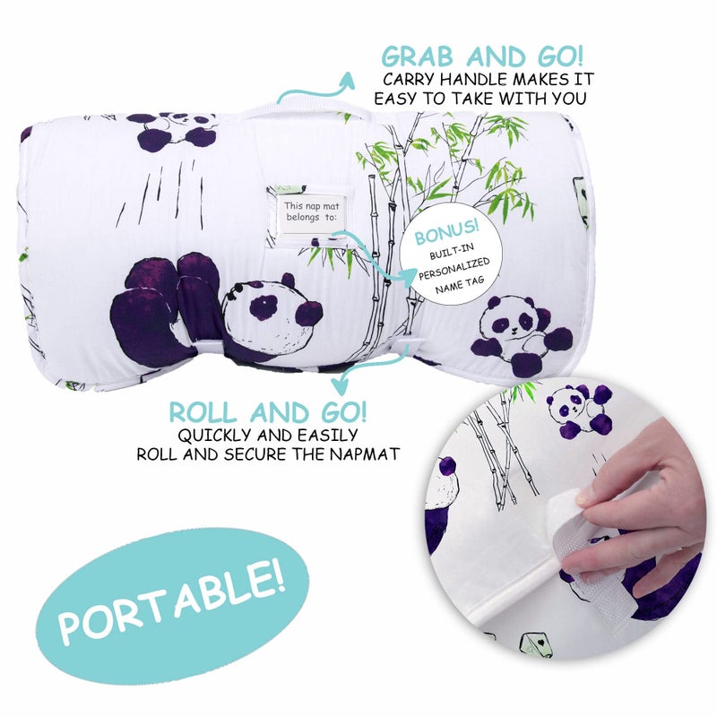 JumpOff Jo Nap Mat for Kids - Cozy Kids Rest Mat with Removable Pillow and Ultra Soft Blanket for Preschool, Daycare, and Sleepovers - Playful Pandas - Image 3