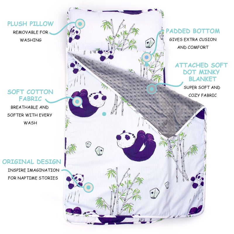 JumpOff Jo Nap Mat for Kids - Cozy Kids Rest Mat with Removable Pillow and Ultra Soft Blanket for Preschool, Daycare, and Sleepovers - Playful Pandas - Image 2