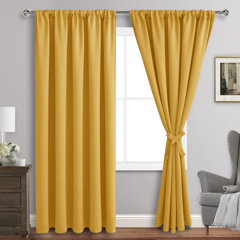 JIUZHEN Blackout Curtains for Bedroom - Thermal Insulated Room Darkening Rod Pocket Curtains for Living Room  Set of 2 Panels with Tiebacks  70 x 96 Inch Length  Mustard Yellow - Image 1