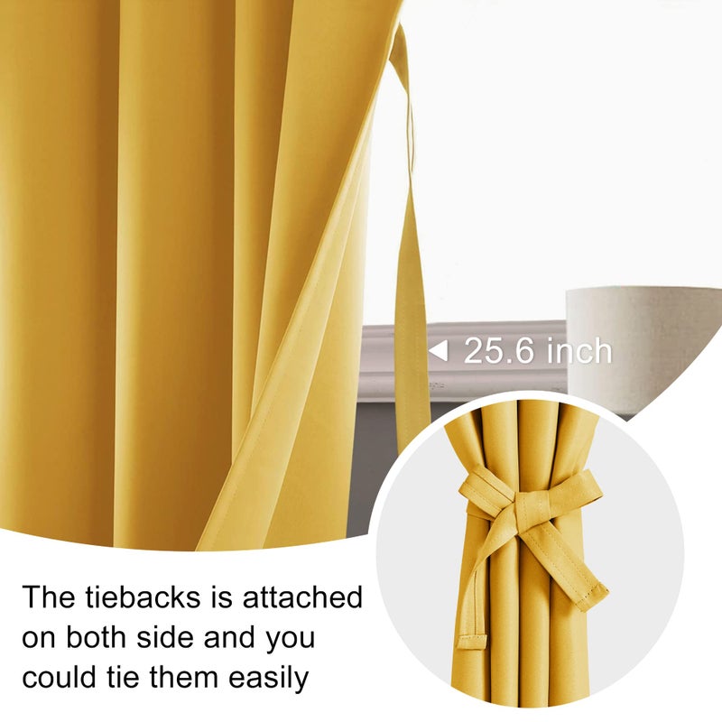 JIUZHEN Blackout Curtains for Bedroom - Thermal Insulated Room Darkening Rod Pocket Curtains for Living Room  Set of 2 Panels with Tiebacks  70 x 96 Inch Length  Mustard Yellow - Image 5