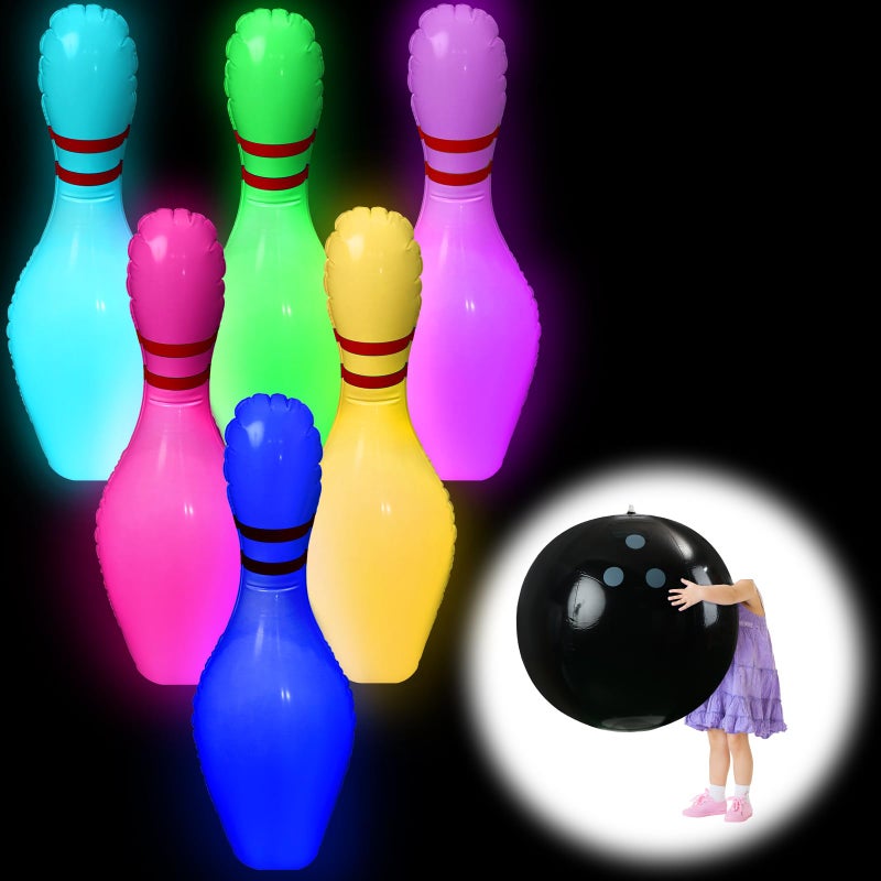 Poen 7 Pcs Glow in The Dark Giant Inflatable Bowling Set, Including 6 Pcs 27 Inches Bowling Pins and a 24 Inches Ball for Adults Outdoor Indoor Family Party(Glow) - Image 1