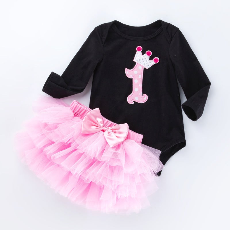 Cross-border Girls Birthday Suit White Long-sleeved Cartoon One-year-old Hats Skirt Baby Top Princess Skirt Black + Pink 
