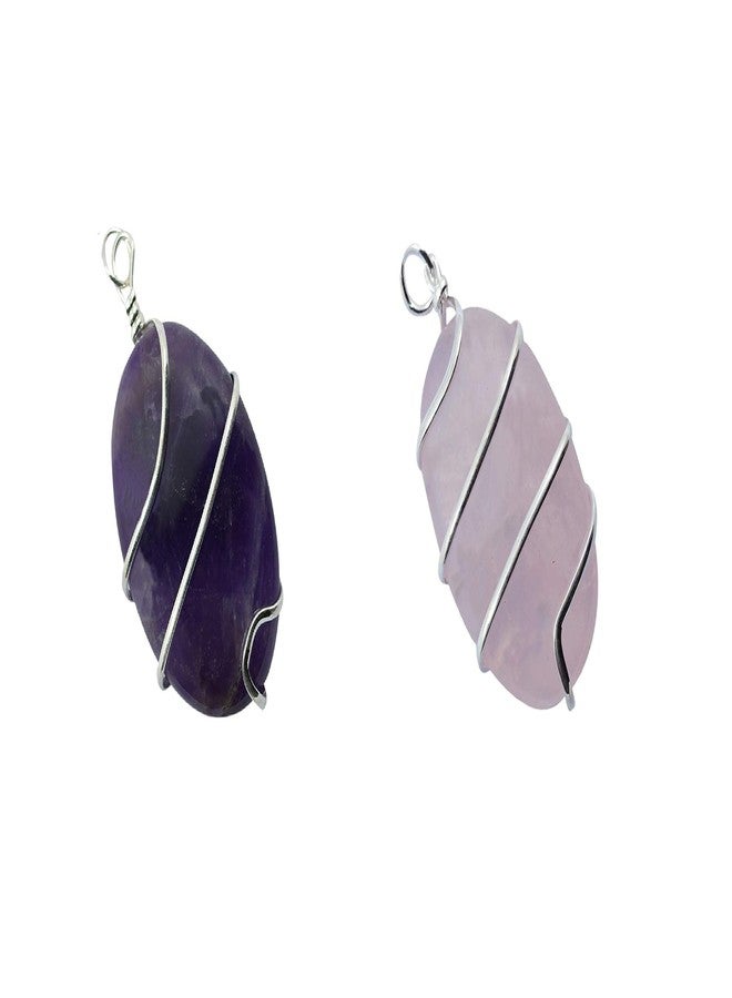 ASTROGHAR Natural Amethyst Rose Quartz Crystals Wire Wrapped Pendant Set For Men And Women