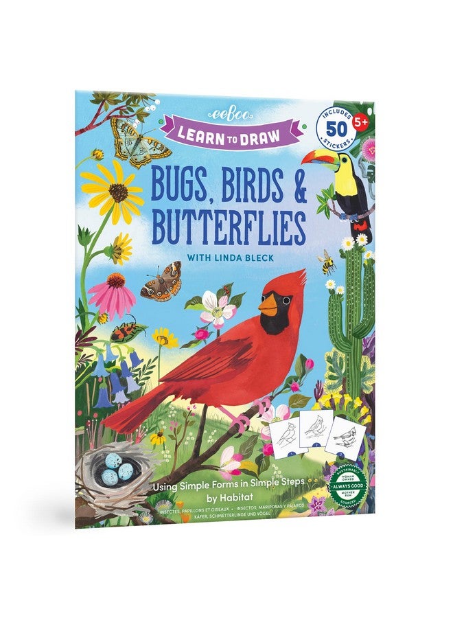 eeBoo: Learn to Draw - Bugs, Birds & Butterflies - 32 Page Activity Book & 50 Stickers Set, Fun Nature-Themed Step-by-Step Drawing & Coloring, Kids 5+ - Image 1