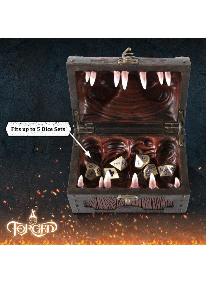 فورجد دايس كو. صندوق تخزين نرد "Mimic Chest" من شركة Forged Dice Co. - يتسع لما يصل إلى 35 نردًا من لعبة DND أو 5 مجموعات من نرد متعدد السطوح - هدايا رائعة من لعبة DND للرجال ومتوافق مع لعبة Dungeons & Dragons  - Image 4