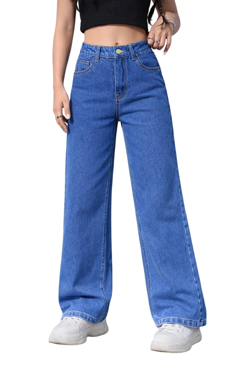 ADBUCKS Stretchable Denim Fabric High Rise Straight Fit Jeans for Girls (in, Age, 12 Years, 13 Years, Blue) - Image 1