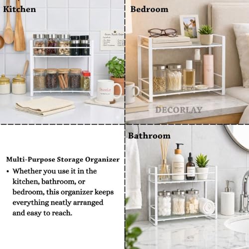 Decorlay Metal 2-Tier Kitchen Organizer Spice Rack | Bartan Stand | Jars and Bottle Holder | Storage Rack For Kitchen - White | Countertop, Tabletop | Size: 33x13x29cm - Image 5