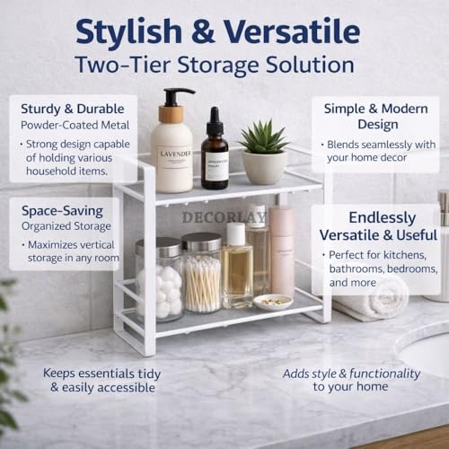 Decorlay Metal 2-Tier Kitchen Organizer Spice Rack | Bartan Stand | Jars and Bottle Holder | Storage Rack For Kitchen - White | Countertop, Tabletop | Size: 33x13x29cm - Image 3