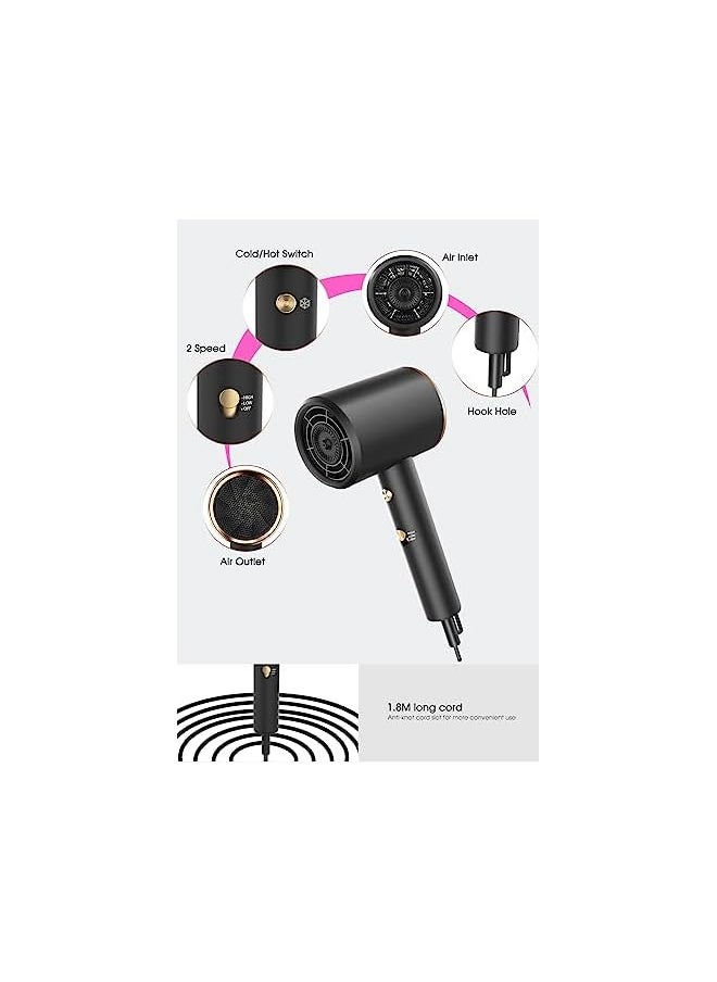 Oxsaytee - 2000W Ionic Hair Dryer Travel Hair Blow Dryer 317G Super Quiet Fast Drying Mini Small Hairdryer 2 Speeds 3 Heat Setting Strong Hair Dryer With Diffuser Nozzle Concentrator Comb - Image 1