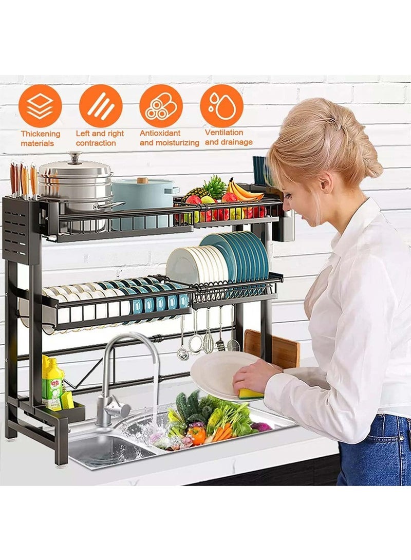 BLOOMING TIME Large-Capacity Kitchen Sink Top Utensil/Cutlery Drain Rack, Cutting Board Rack, Chopstick Basket, Bowl and Dish Storage Rack, Retractable Double-Layer Drain Rack - Image 1